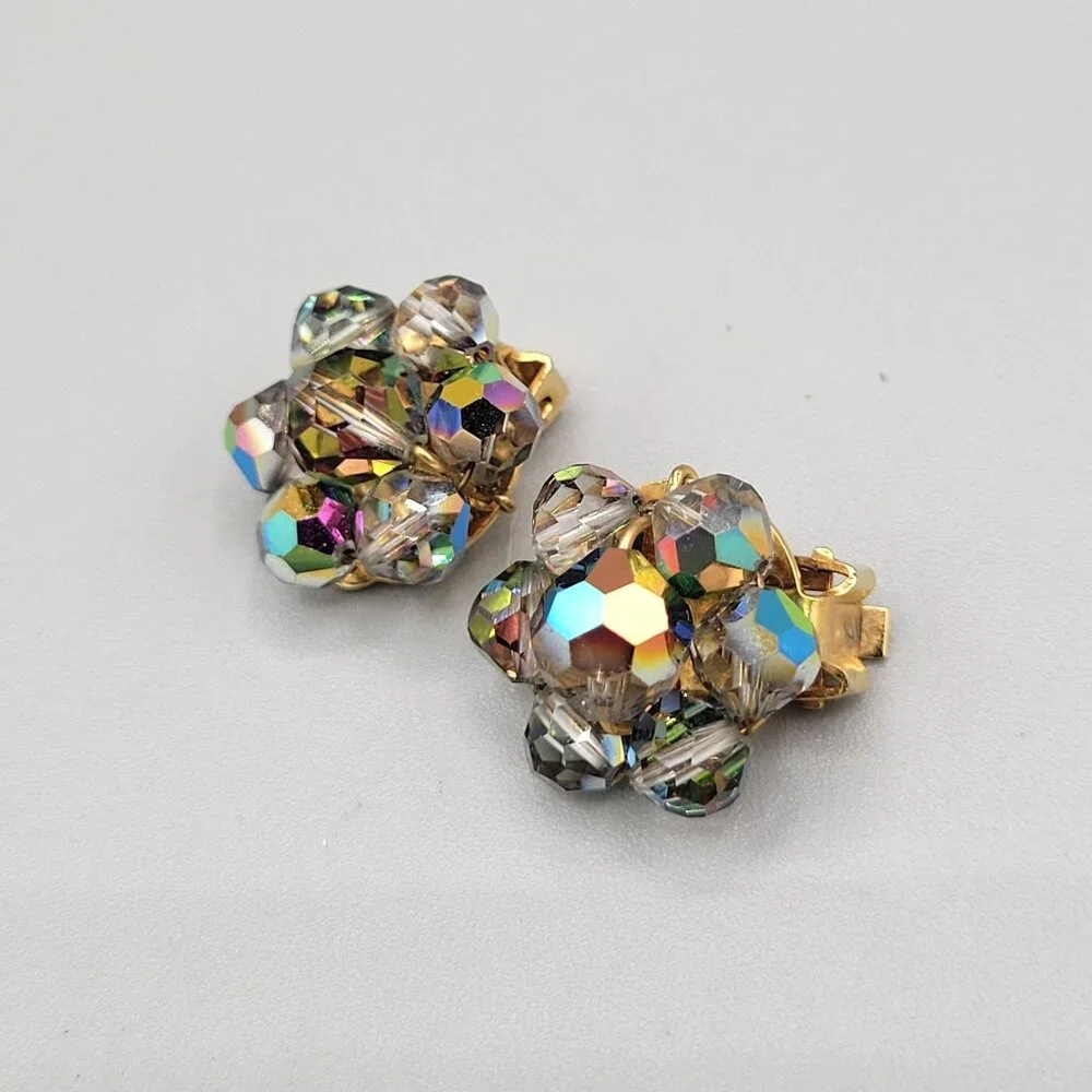 Colorful AB Aurora Borealis Beaded Small Clip On Earrings Gold Tone Vtg - Picture 1 of 6